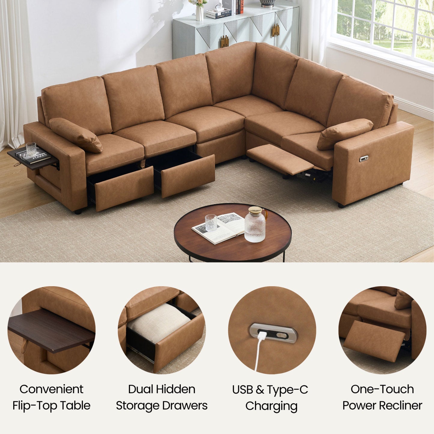 Levi Modern Reclining Sectional Sofa with Storage and Power Recliner
